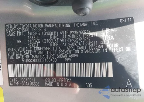 2014 Toyota Sienna Le V6 8 Passenger from USA, damaged, VIN 5TDKK3DC0ES466430